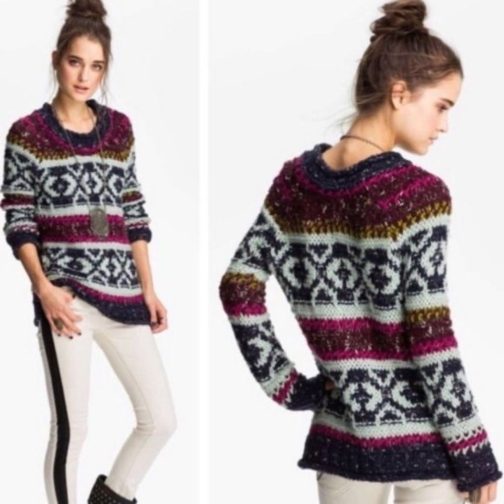 Free People Silver Reed Fair Isle Scoop Neck Oversized Tunic Permafrost Sweater